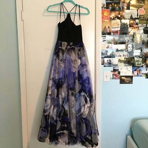 Blondie Nites Floral Print Mesh Halter Gown - Picture 3 of 9